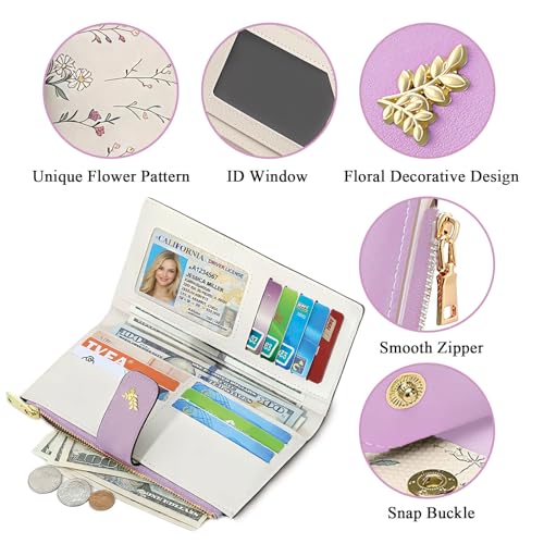 Women's Bifold Long Wallet, Slim & Thin RFID Blocking Floral Vegan Leather Card Holder with Bow Keychain (Purple) - color: Purple