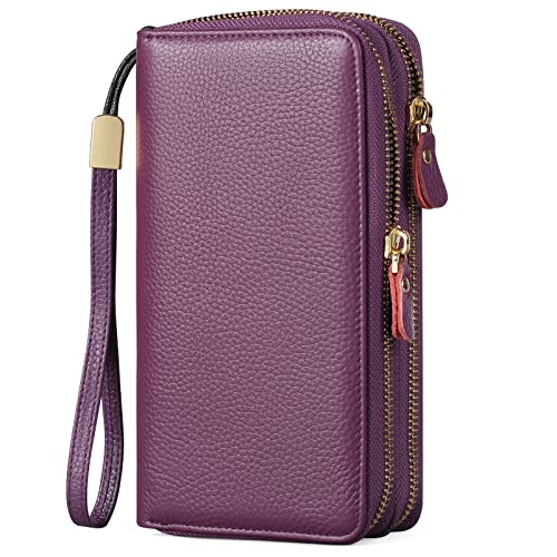 SENDEFN Leather Women Wallet RFID Blocking Zipper Around Phone Holder Clutch Wristlet Large Capacity - color: Purple