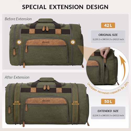 Canvas Duffle Bag 50L Expandable Travel Weekender Bags, Army Green | Travel Duffel Bags for Men Women, Weekender Overnight Bag with Shoes Compartment, for Travel, Camp, Gym, Business - color: Army Green