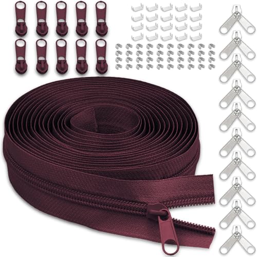 #3 Nylon Zipper Tape for Sewing: YZSFIRM 10 Yards Dark Red by The Yard Nylon Coil Zippers for DIY Sewing Craft with 10 Bulk Metal Zipper Slider and 10 Double Slider - color: 178 Dark Red, size: #3 Zipper