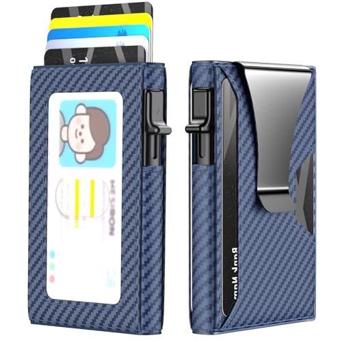 Wallet for Men Slim Minimalist Pop-up Smart Holds 5-6 Cards - RFID Blocking Metal with Money Clip, Credit Card Holder & ID Window, men accessories (Single fold carbon blue) - color: Single fold carbon blue