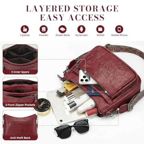 Crossbody Bags for Women, Medium Vegan Leather Purses | Large Capacity Multi-Pocket Embossed Shoulder Bag with Boho Strap for Daily Travel - color: Red