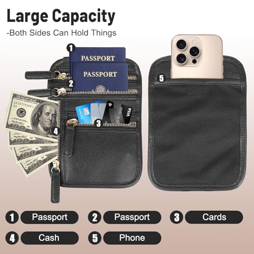 Neck Wallet for Traveling Women Men, RFID Blocking Leather Travel Pouch - color: Raven Black