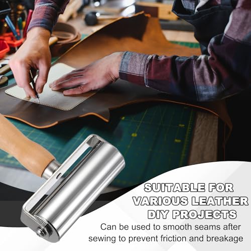 HARFINGTON 2pcs Leather Press Roller Leather Glue Edges Laminating Rolling | 100mm / 4" Length Stainless Steel Laminating Roller with Wooden Handle for DIY Leather Crafting Car Soundproof Mat, Silver - size: 100mm/4"