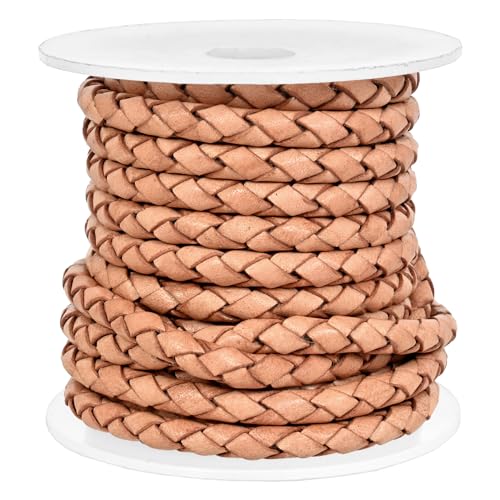 GENIQUE Real/Genuine Round Braided Leather Cord String Rope Folded, Leather Rope for Crafts, Jewelry Making, Necklace, Bracelets (5mm, Natural) - color: Natural, size: 5mm