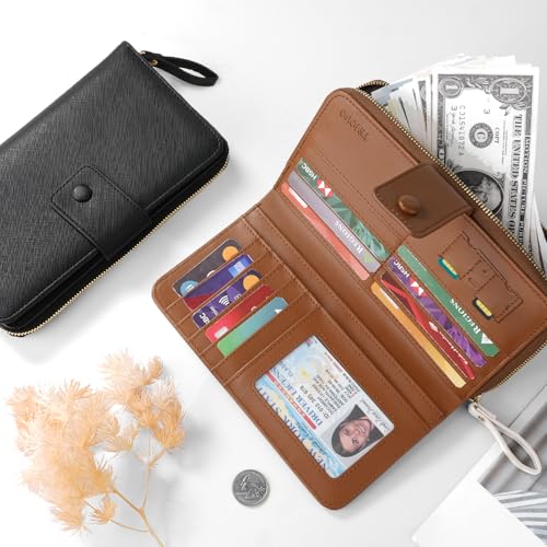 TiMOVO RFID Leather Wallet with Wrist Strap for Women, Beige + Brown | 12 Card Slots, Large Capacity Travel Purse, Anti-Theft RFID Blocking PU Leather, Portable Daily & Trip Use - color: Beige + Brown