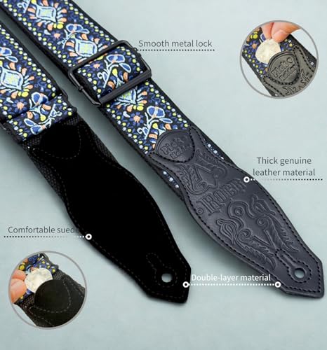 Rockyou 2" Wide Double-Layer Padded Guitar Strap with 4 Pick Holders, beauty Leather Ends & Metal Buckles(Blue Garden) - color: Blue Garden