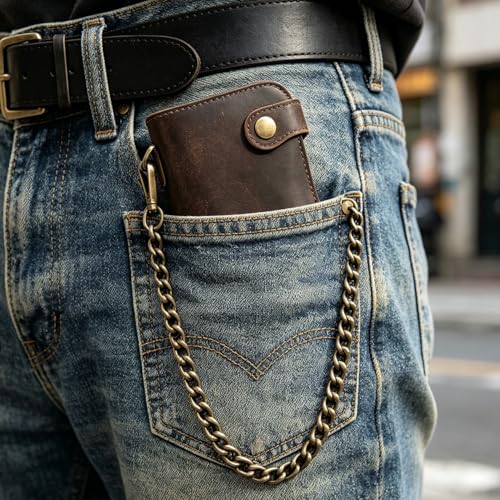Motorcycle Chain Wallet for Men Tri-fold Long Biker Wallet with Heavy Duty Chain for Bikers Truckers Hunters - color: 10-Dark Brown