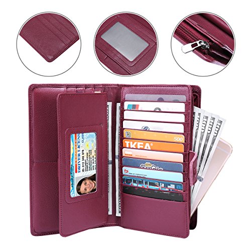 Itslife Womens Wallet,Large Capacity RFID Blocking Leather Wallets Credit Cards Organizer Ladies Wallet with Checkbook Holder - color: 1-Wine Red