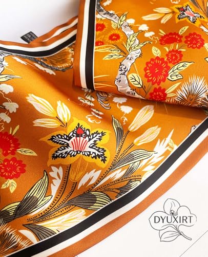 Head Scarf Purse Handle Neck Satin Hair Scarfs For Bag Lightweight Silky Long Thin Women's Fashion Scarves 59 * 5.9” - color: H23-orange-colored Large Flower(59*5.9inch)