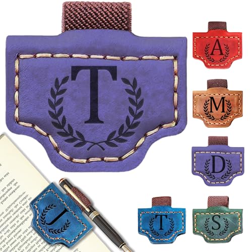 Personalized Leather Magnetic Bookmark with Pen Holder, Bookmark 26 Letters Name Initial Bookmarks for Readers, Book Lover Gifts for Women Men Notebook Accessories (Purple, T) - color: Purple, size: T