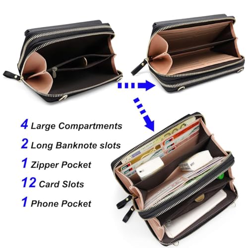 Women Leather Wallet Crossbody Shoulder Bag with Double Zipper and Mobile Phone Purse with Shoulder Strap - color: 109-black