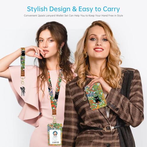 2-in-1 ID Badge Holder & Lanyard Wallet，Cute Zippered Pouch Cat Flowers 2 | for Teachers,Nurse,Professionals，Removable Wristlet & Neck Lanyard,5 Card Slots Stylish Work Essential - color: Cat Hidden Among the Flowers 2