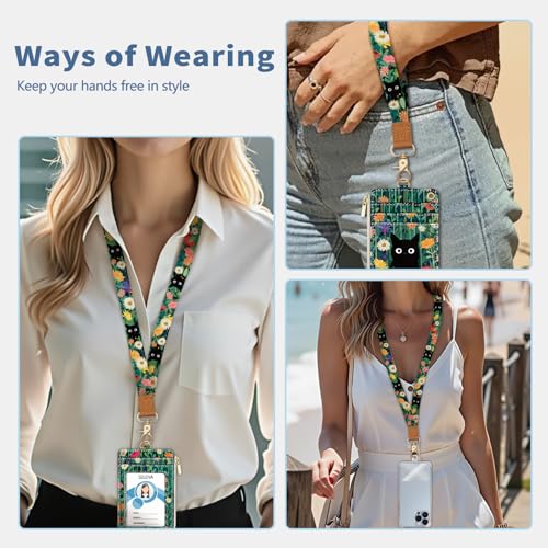 Lanyard Wallet with Id Badge Holder Keychain for Card Women Cat - color: Cat Flower Green