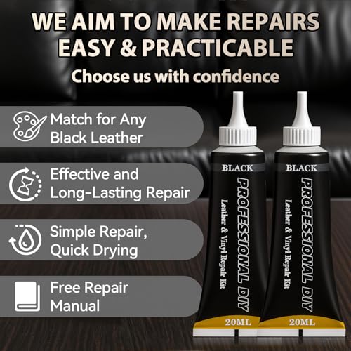 Black Leather Repair Kit for Furniture, Leather Couch Repair Kit | For Car Interiors, Seats, Steering Wheel, Sofa, Shoes, Restore Leather Scratch, Tears & Burn Hole With Easy Instructions