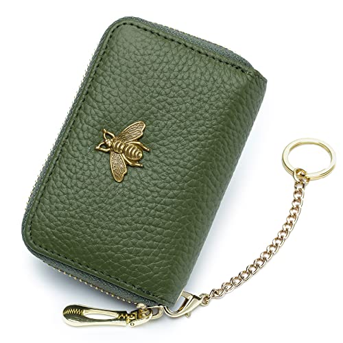 imeetu RFID Credit Card Holder, Small Card Wallet Women, Leather Card Case | Genuine Leather Women's Card & id Cases, Change Coin Purse with Zipper Keychain id Window, 20 Colors & 3 Styles, Daily, Gifts - color: Pro - Olive Green, size: Pro