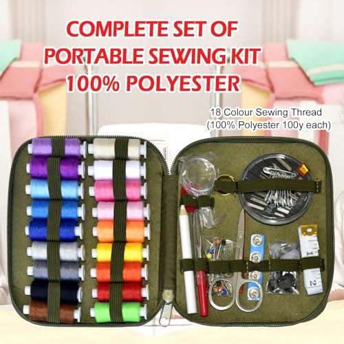 Sewing Kit with Case Portable Sewing Supplies for Home Traveler, Adults, Beginner, Emergency, Contains 18 Sewing Thread, Scissors, Needles, Measure etc,Army Green - color: Army Green, size: 1 Pack