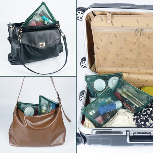 3pcs Mesh Cosmetic Bags, Nylon Makeup Pouches with Leather Pull and Golden Zipper for Purse Diaper Bag (Emerald Green) - size: Vertical