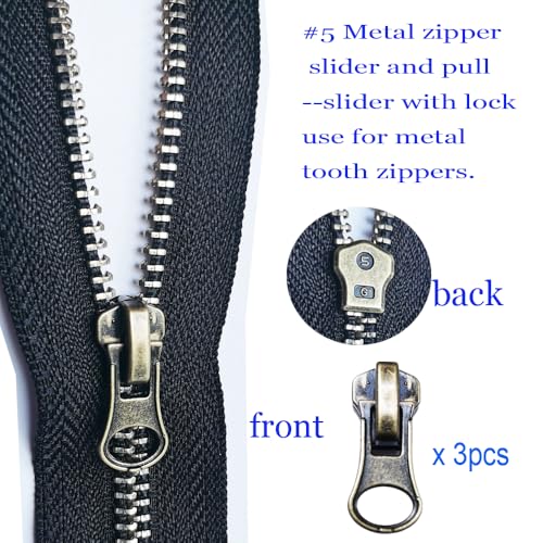 cpqakb 12 Pcs Zipper Pull Replacement 5 Zippers Repair Kit Lockable Slider | zippers Bottom and Top Stop , Fix Zip Head On For Repairing Coats ,Jackets , Metal Plastic and Nylon Coil Zippers.