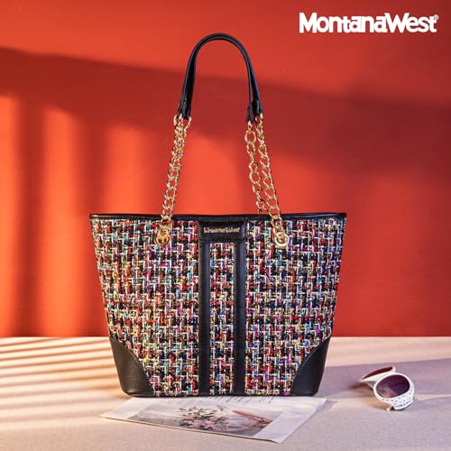 Montana West MEDIUM Tote Bag for Women Quilted Chain Handbags Shoulder Purse - color: Black