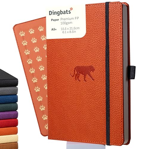 Dingbats* Wildlife Lined Writing Journal Notebook A5 - Vegan Leather Hardcover - Ideal for Work, Travel - Pocket, Elastic Closure, & Bookmark - color: Orange Tiger, style: Lined