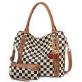Checkered Tote Bag Large Checkered Purses for Women Plaid Hobo Shoulder Bag Multiple Pockets Tote Handbags - color: C01-brown With Cherry