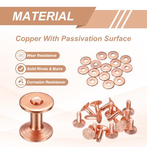 HARFINGTON 15Set Copper Rivets and Burrs Washers 9x3.3x9mm Dimpled Finish Solid Leather Rivet Fastener Studs Posts for Leather DIY Craft Belts Wallets Collars, Copper Tone - color: Copper Tone, size: 9x3.3x9mm