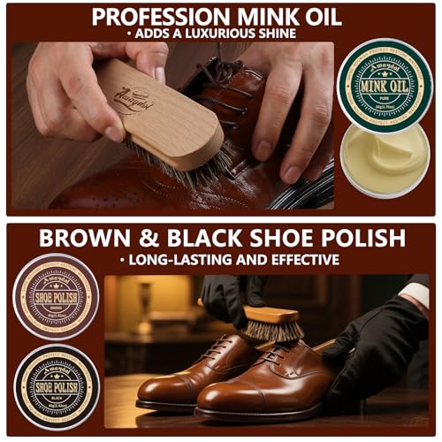 12 PCS Shoe Polish Kit - Horsehair Brushes, Black Brown Neutral Polish,Mink Oil Conditioner for Shoes,Polishing Cloth, Leather Boots Shine Care Kit ﻿Gift for Men Cowboy Husband Dad
