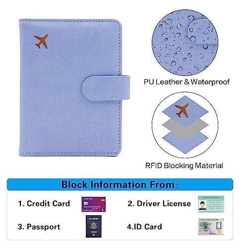 Melsbrinna Premium Leather Passport Holder Covers Case, Waterproof Rfid Blocking Travel Wallet Passport Holder with Pen Holder, Cute Passport Book for Women/Men - color: AR-Light blue