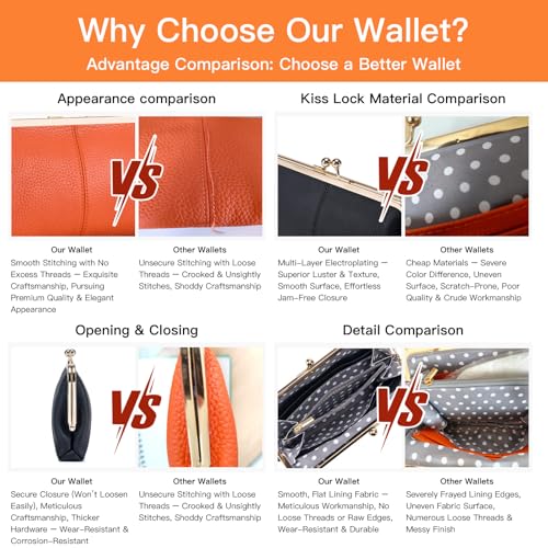 Genuine Leather Long Kiss Lock Wallet for Women – RFID Blocking Handheld Clutch Purse with 8 Card Slots, Money Clip, Zipper Coin Pocket for Travel, Work, Everyday Use – Gift for Her (Black) - color: Black