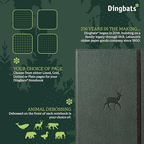 Dingbats* Wildlife Dotted Journal Notebook A5 - Vegan Leather Hard Cover, Ideal for Work, Travel - Pocket, Elastic Closure, Bookmark - color: Green Deer, style: Dotted
