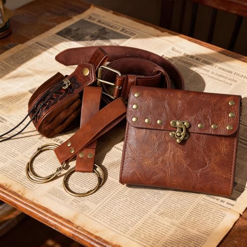 Renaissance Belt Pouch Medieval Pirate Costume Accessories Set for Cosplay | Viking Faux Leather Waist Bag, Skirt Hike Clips, Perfect for Women and Men Ren Faire, LARP, Fantasy, Halloween - color: Brown-D