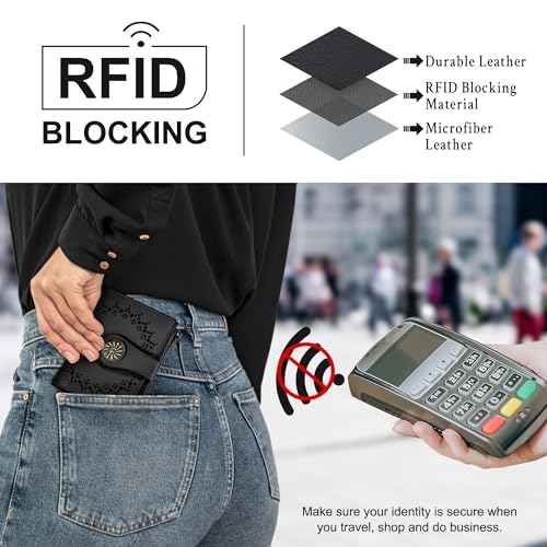 Tipmile Small Wallet for Women Bifold RFID Blocking Card Holder Leather Wallets with Zipper Coin Pocket - color: Black
