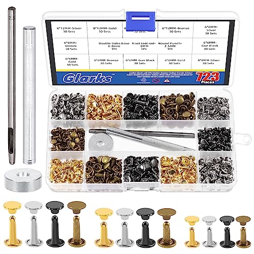 Glarks 360 Sets Leather Rivets with 3Pcs Setting Tool Kit, 4 Colors 3 Sizes Double Cap Rivets Tubular Metal Studs Leathercraft Rivets for Bags Clothing Shoes Leather Craft - color: 360 Sets