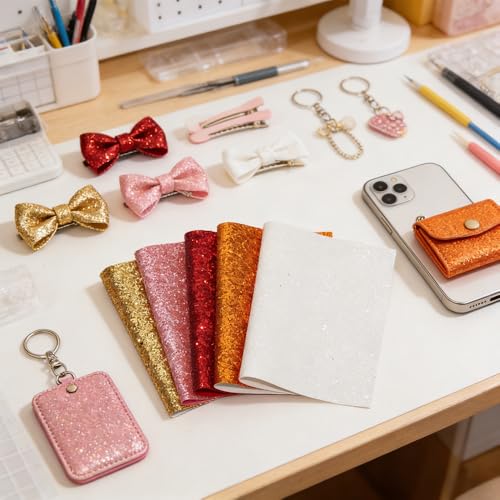 10 Pcs Neon Color Glitter Faux Leather Sheets Shimmer Chunky Sequins Synthetic Faux Fabric 8x12 Inch for DIY Earrings, Hair Bows, Pouches & Crafts - Perfect for Crafting Enthusiasts
