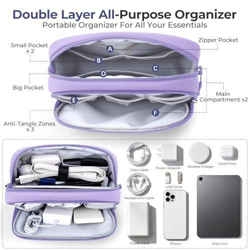 Skycase Travel Cable Organizer - Lightweight Water Resistant Dual-Layer Tech Pouch with Wrist Strap 9 Compartments Electronic Organizer Travel Case for Charger Cord Hard Drive,Large,Purple - color: Purple, size: L