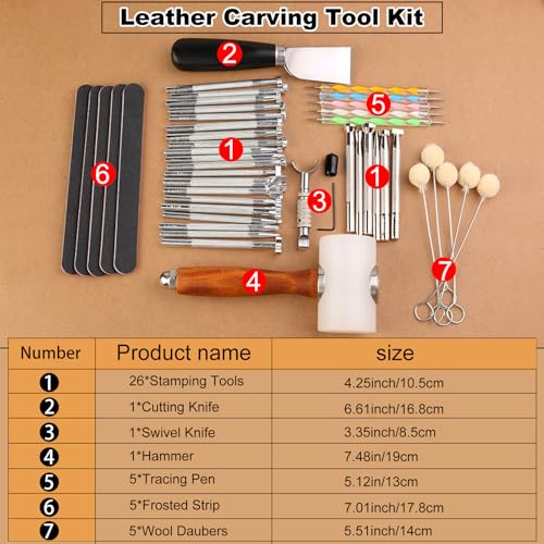 Leather Stamping Tools, Leather Carving Tool Kit, Saddle Making Tools Set | Swivel Knife, Leather Working Hammer, Cutting Knife, Wool Daubers, Frosted Strip for Leather Stamping, Carving - color: Large Set