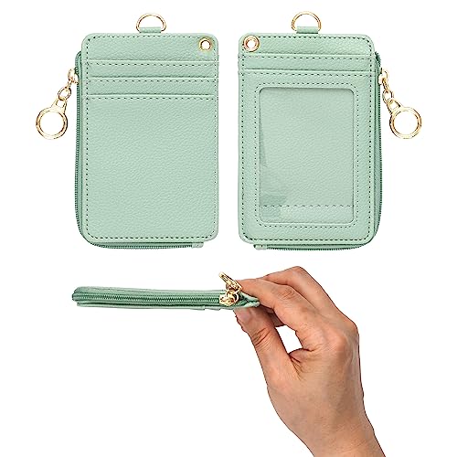 MONDO DESIGNS 2-in-1 Lanyard Wallet with ID Badge Holder - Small Keychain Wristlet Wallet for Women with Zipper Card Pocket and Phone Lanyard, Wrist Strap Office Teacher - Sage Green - color: Green