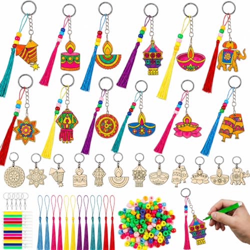 Cinrobiye 24 Set Happy Diwali Keychain Craft Kit DIY Wooden Keychain Painting Set with Colored Pens Festival of Lights Decor Activity for Hindu Celebration, Diwali Party Favors School Game Prizes - style: Diwali