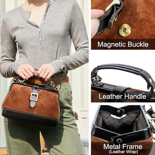 CONTACTS Full Grain Leather Doctor Purse Bag for Women Top Handle Bag Vintage Handbag Shoulder Bag - color: Camel Brown