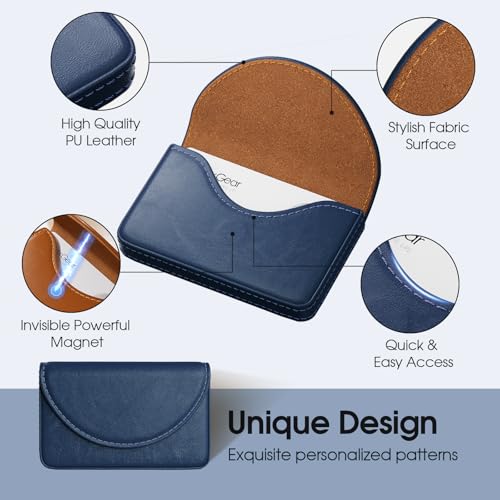 MaxGear Business Card Holder Case, PU Leather Business Card Case, Navy Blue | Pocket Name Card Holder Wallet for Purse, Portable Business Card Carrier with Magnetic Closure, Slim Stylish Men Women Gift - color: Navy