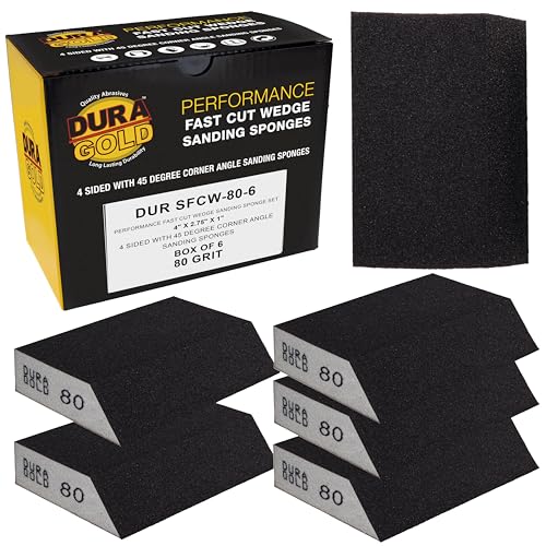Dura-Gold 80 Grit 4-Sided Hand Sanding Block Sponges with Angled Edge, Box of 6 - Performance Flex 3.9" x 2.75" x 1" Wet or Dry Flexible Sandpaper Abrasive Pads - Sand Wood, Drywall, Metal Auto Paint - style: 80 Grit