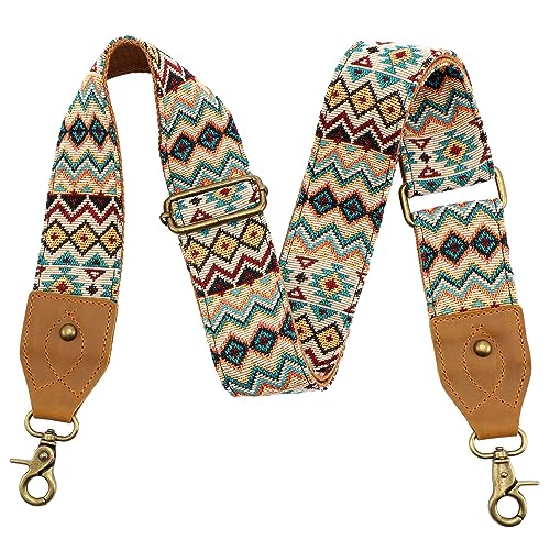 Nefelibata Purse Strap-2" Crazy Horse Leather Wide Shoulder Strap Adjustable Replacement,Retro Jacquard Embroidery Multi-pattern Crossbody Bag Straps for Handbag,Crossbody Bags(Ethnic style apricot) - color: Ethnic Style Apricot