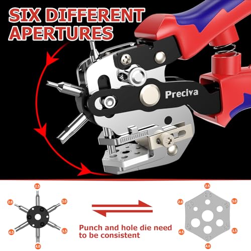 Preciva Hole Punch Plier, Revolving Punch Hole Tool with V-Shaped Cutting Edge Design, 6 Hole Sizes Used for Leather, Belts, Thin Iron Sheets, Paper Cards, Plastics, & Fabrics - color: Red