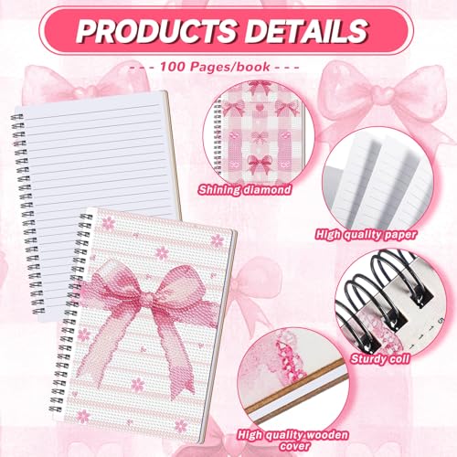 Fullhawl 6 Pack 5D DIY Diamond Art Crafts Kit for Adults Office Supplies Beginner A5 Leather Diamond Painting Gift for Women Art Cover Craft Accessories with Tool (Pink Bow) - style: Pink Bow