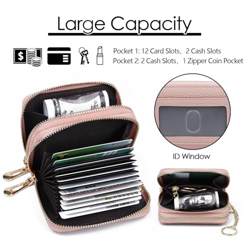 imeetu Rfid Credit Card Holder, Businese Card Case, Wallet for Women Men | Genuine Leather Card Wallet with id Window, Keychain & Double Zipper, Water-resistan Small Wallet with Gift Box, Daily Travel - color: Max - Pink