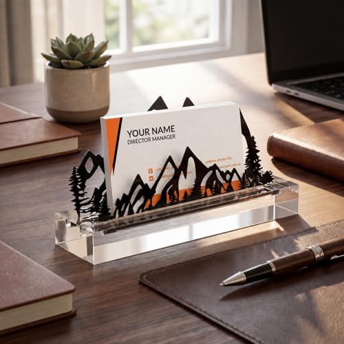 CroBlissful 2 Pcs Mountain Business Card Holders for Desk, Acrylic & Metal Black Mountain Range Forest Silhouette Business Card Display Stand for Home Office - size: Acrylic, style: Mountain