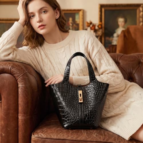 Tote Bag for Women Top Handle Handbag Satchel Bag for Women Vegan Leather Lock Design Bucket Purse for Work Evening - color: B
