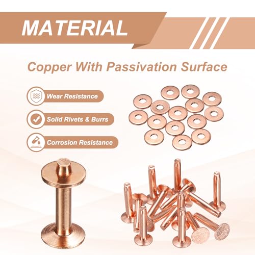 HARFINGTON 15Set Copper Rivets and Burrs Washers 9x3.3x17mm Dimpled Finish Solid Leather Rivet Fastener Studs Posts for Leather DIY Craft Belts Wallets Collars, Copper Tone - color: Copper Tone, size: 9x3.3x17mm