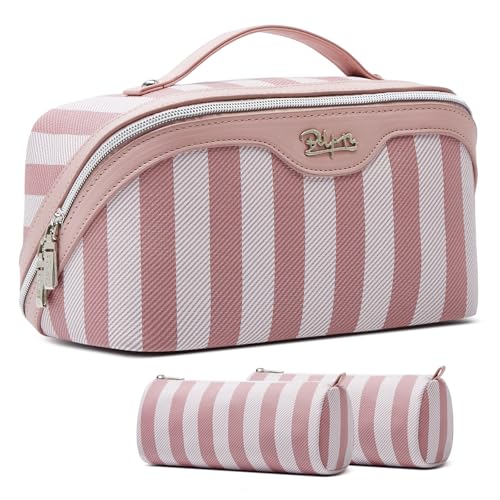 BOYATU Travel Makeup Bag for Women: 3 Pcs Set Striped Make up Bag,Pink | Vegan Leather Cosmetic Bags with Compartments - Waterproof Large Capacity Toiletry Bags - 180° Open-Flat Makeup Organizer - color: A-3-Pink